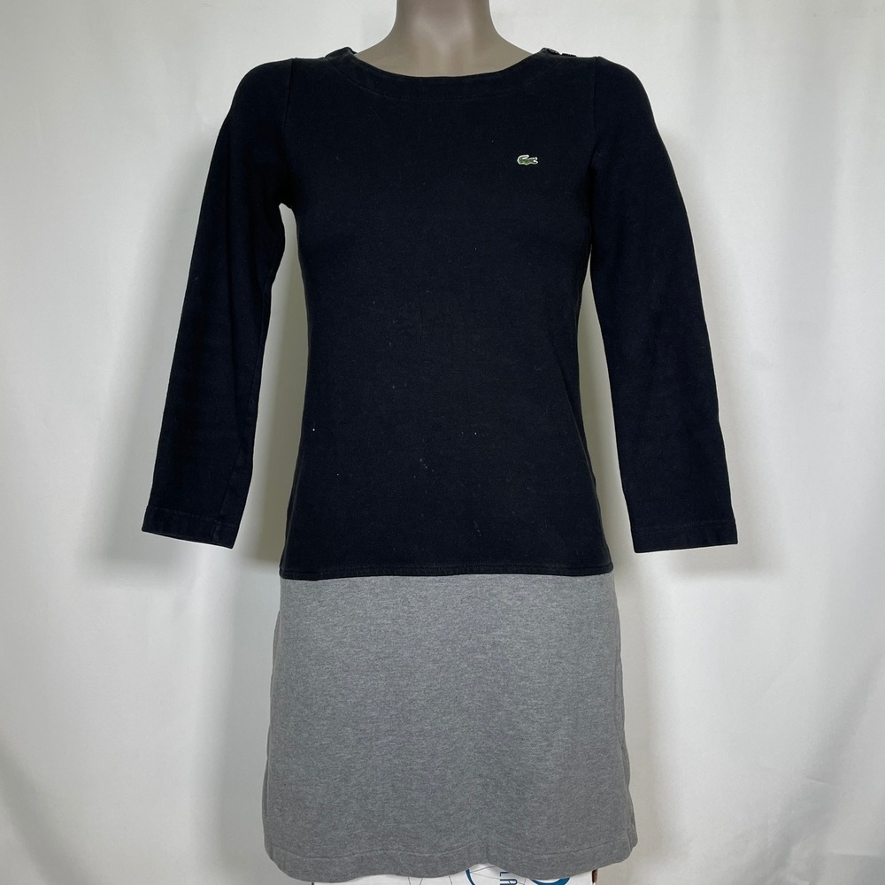 Lacoste Black Gray Colorblock Long Sleeve Jersey Dress Women's Sz 36 MEDIUM